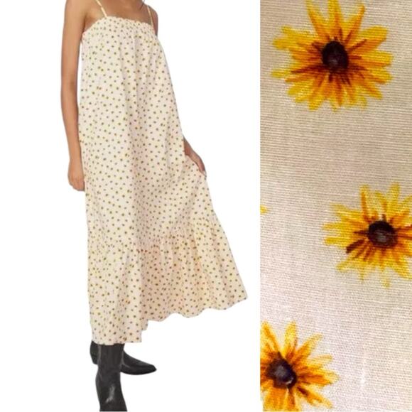 We Wore What NWT  Smocked Midi Dress Spaghetti Strap Ditsy Daisies Ivory Medium - Picture 1 of 9